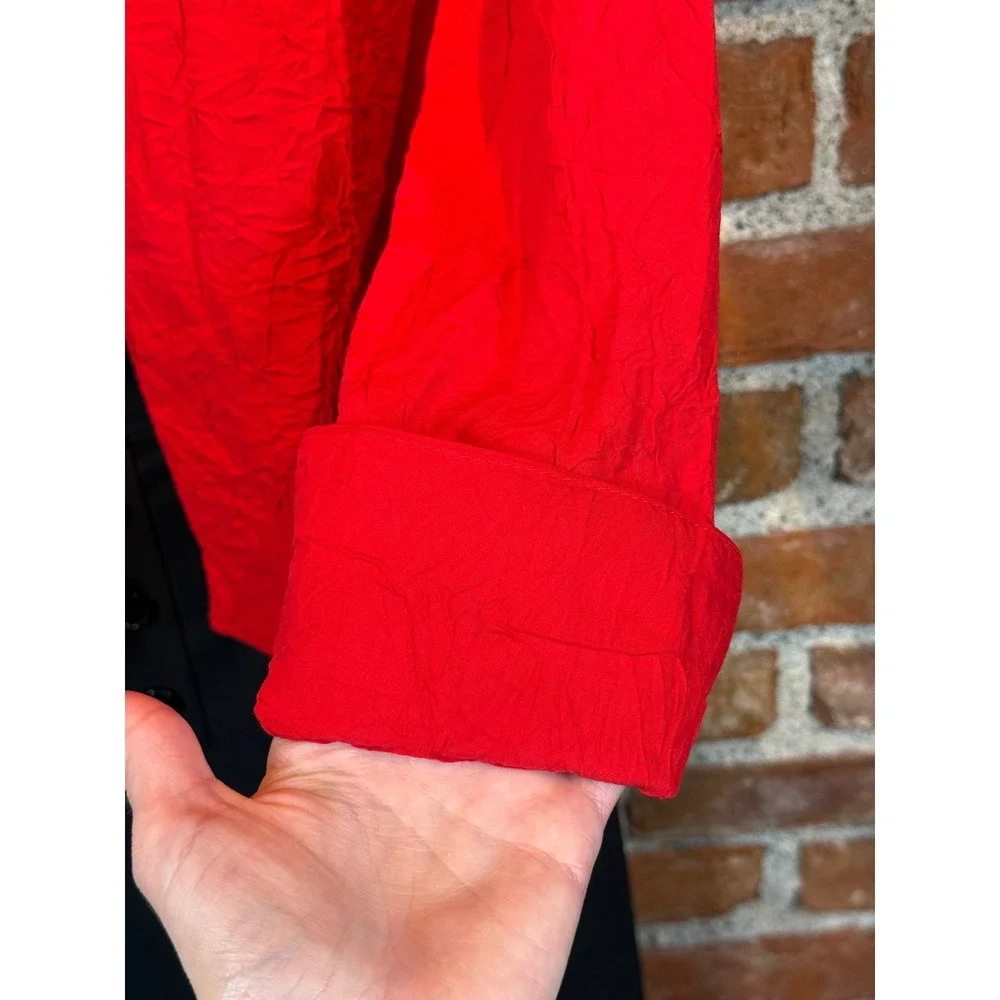 Topshop Red Crinkle Tie Front Blouse Long Sleeve‎ V-Neck Top US 4